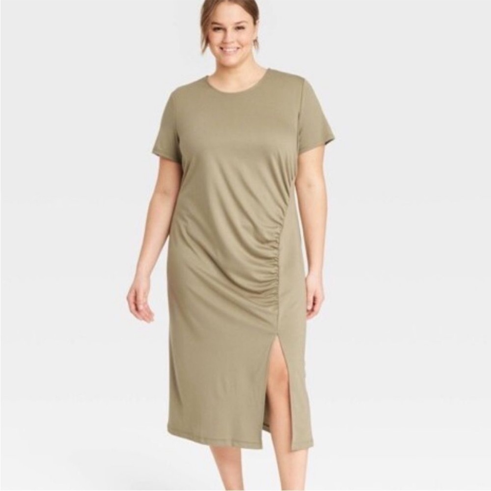 New Day Ruched Short Sleeve Midi Dress Olive Green